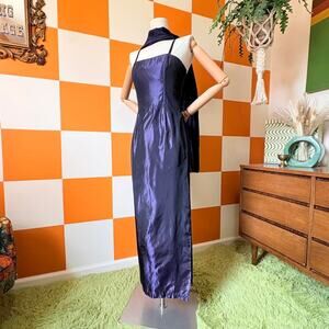 90s Vintage Dark Purple Liquid Satin 2 Piece Gunne Sax Scarf Gown Set